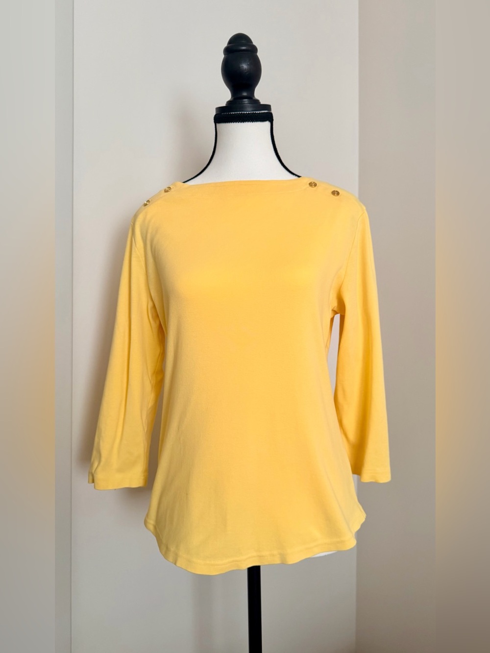 Karen Scott Yellow 100% Cotton Boat Neck Gold Button 3/4 Sleeve Top M